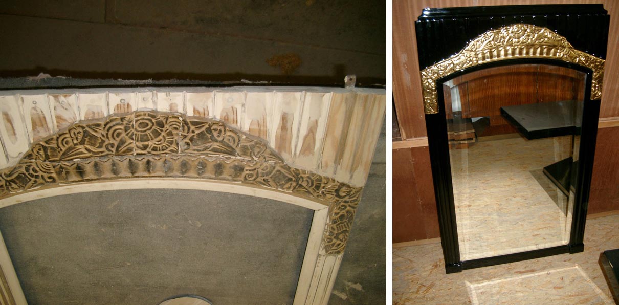 Abgebeizter während der Bearbeitung (links); Restaurierter Spiegel, schwarz hochglanz, teilweise mit Blattvergoldung (rechts)